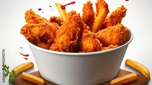 Fototapeta Fried Chicken hot crispy strips crunchy pieces of tenders in a Bucket
