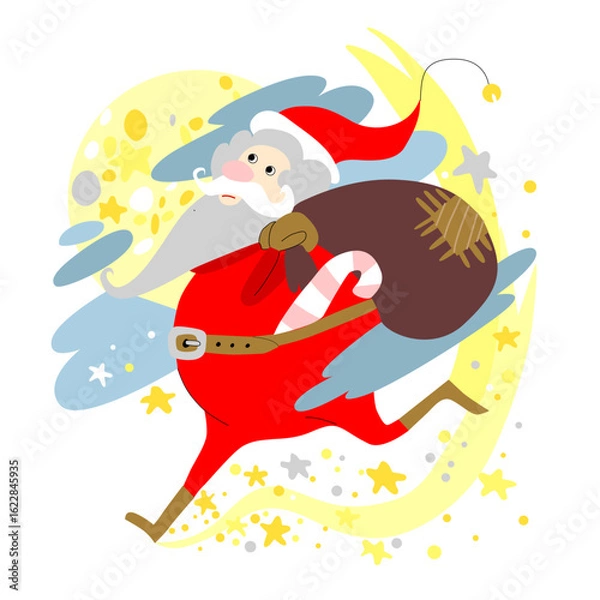 Fototapeta Vector illustration of a cheerful Santa Claus running in the sky on the stars with a bag of gifts
