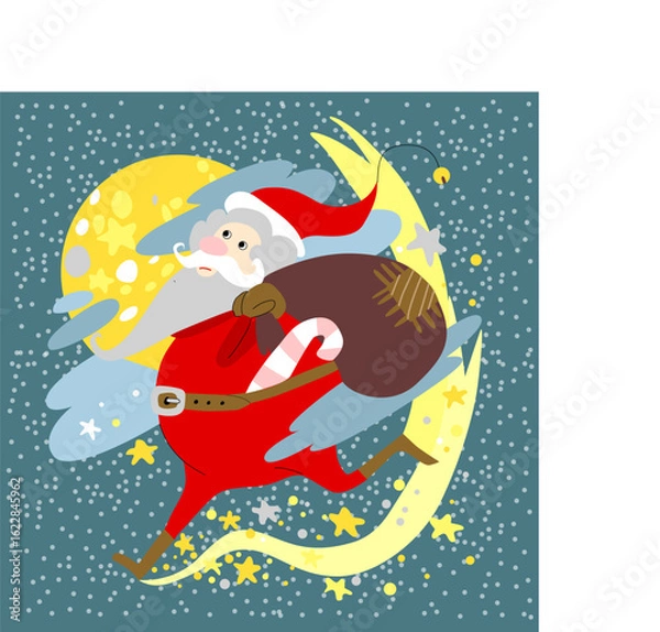 Fototapeta Vector illustration of a cheerful Santa Claus running in the sky on the stars with a bag of gifts