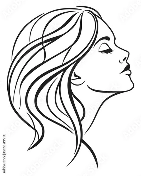 Fototapeta Minimalist one-line drawing of a woman's face in profile with flowing hair, elegant and abstract, black lines on a white background, high contrast, suitable for modern wall art