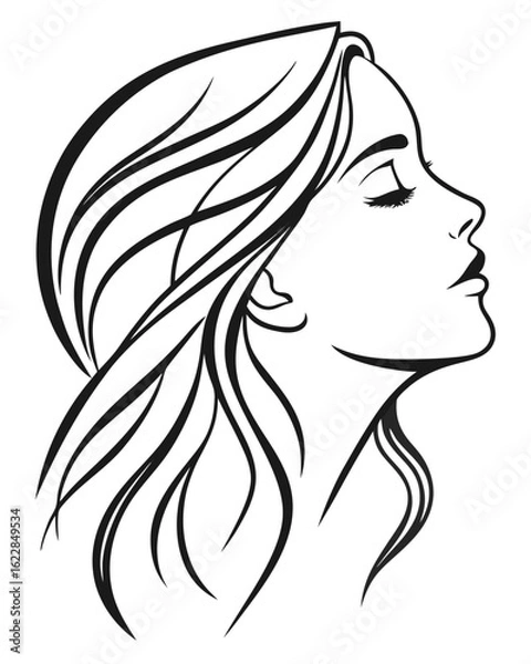 Fototapeta Minimalist one-line drawing of a woman's face in profile with flowing hair, elegant and abstract, black lines on a white background, high contrast, suitable for modern wall art