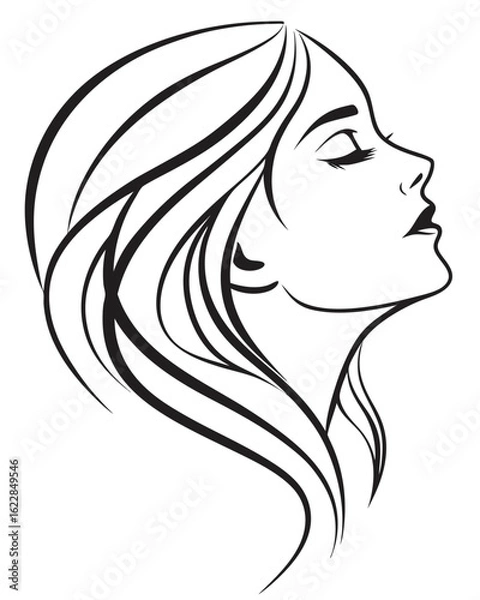 Fototapeta Minimalist one-line drawing of a woman's face in profile with flowing hair, elegant and abstract, black lines on a white background, high contrast, suitable for modern wall art