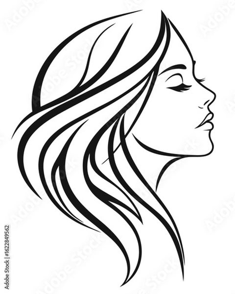 Fototapeta Minimalist one-line drawing of a woman's face in profile with flowing hair, elegant and abstract, black lines on a white background, high contrast, suitable for modern wall art