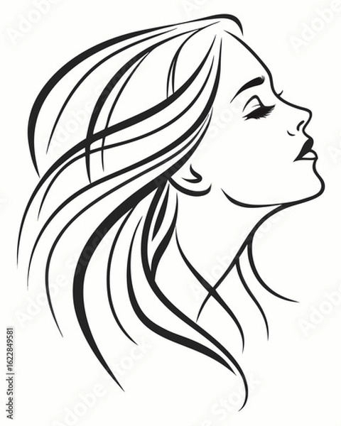 Fototapeta Minimalist one-line drawing of a woman's face in profile with flowing hair, elegant and abstract, black lines on a white background, high contrast, suitable for modern wall art