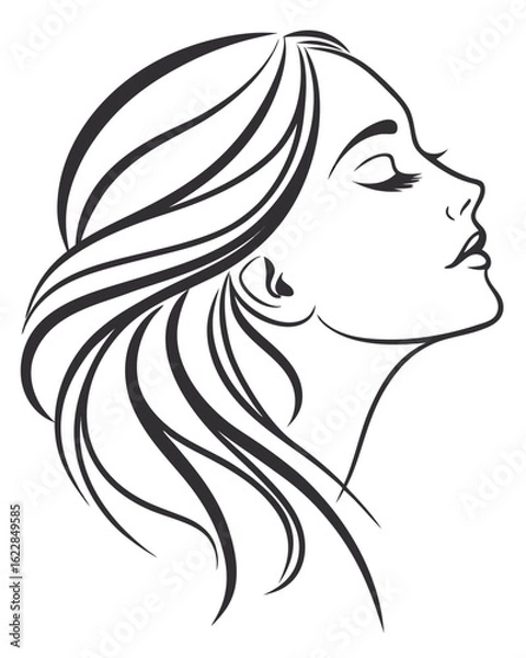 Fototapeta Minimalist one-line drawing of a woman's face in profile with flowing hair, elegant and abstract, black lines on a white background, high contrast, suitable for modern wall art