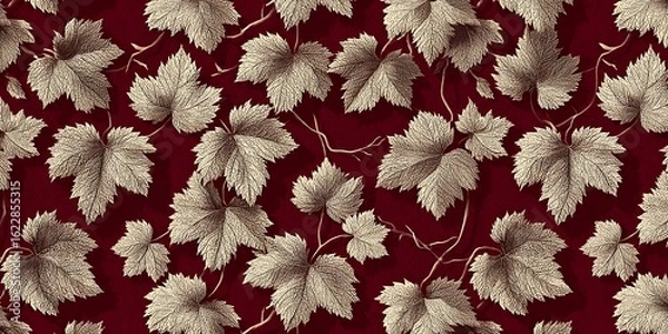Fototapeta Intricate vine branches with detailed leaves form a repeating pattern on a deep red background