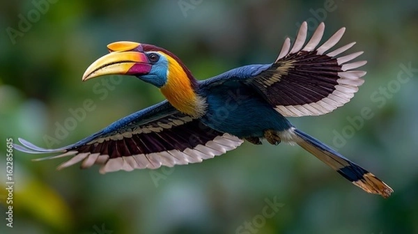 Obraz Rufous hornbill in flight showing its vibrant plumage and distinctive beak against a green backdrop