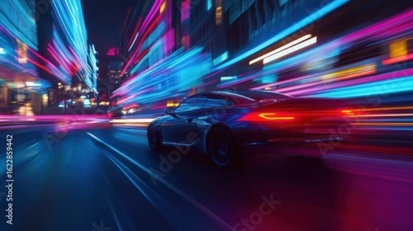 Fototapeta Dynamic Car Speeding Through Neon Cityscape: Motion Blur and Vibrant Lights