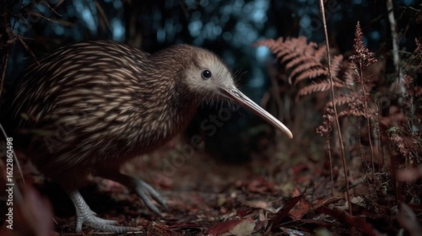 Obraz A kiwi bird foraging in the forest undergrowth with ferns and leaves in a dimly lit environment