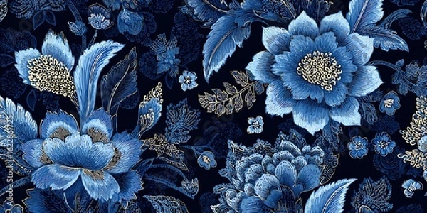 Fototapeta An intricate dark blue floral pattern with textured embroidery