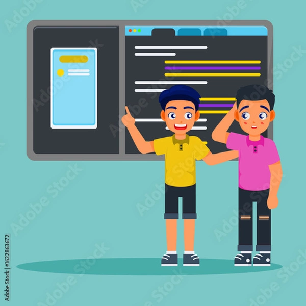 Fototapeta Friendly Greetings: Two friendly male figures, explain the code, their faces lit with genuine warmth and approachability, wave in a welcoming gesture.