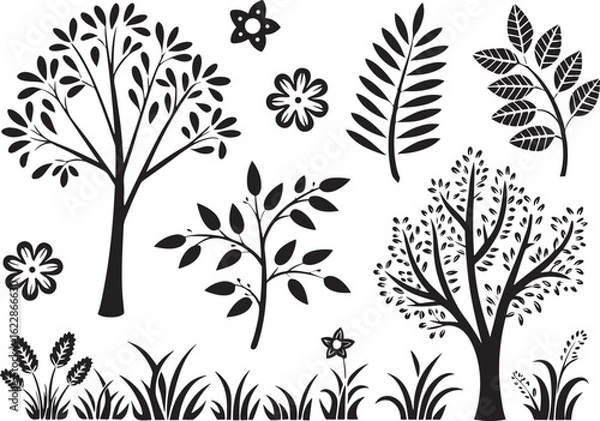Fototapeta Silhouette Tree and Plant Icons on White Background  Vector Set