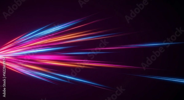 Fototapeta Abstract explosion of vibrant neon light trails in shades of blue pink and orange against a dark background creating a sense of speed and energy