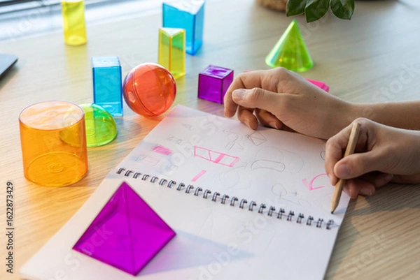 Fototapeta Two schoolgirls studying 3D geometric shapes during math class, drawing and discussing figures together as part of interactive STEM learning and teamwork activity in a modern classroom.
