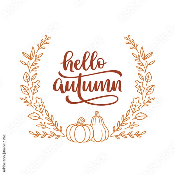 Fototapeta Hello Autumn hand lettering composition in wreath with pumpkins and leaves