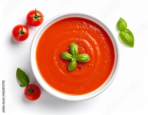 Obraz Tomato Soup in a soft red ceramic bowl, clean white background