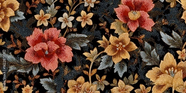 Fototapeta Vibrant red and gold floral pattern with intricate detailing