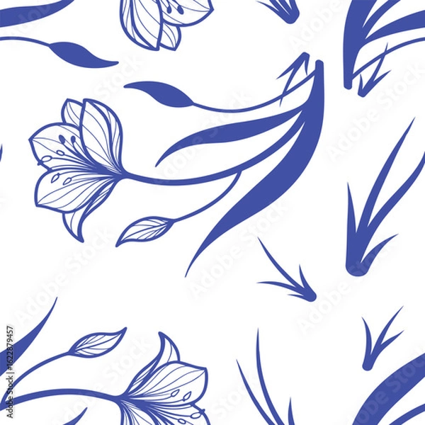 Fototapeta Elegant blue floral seamless pattern with hand-drawn flower and leaf outlines on a white background. Perfect for textile, packaging, stationery, or modern decorative designs.