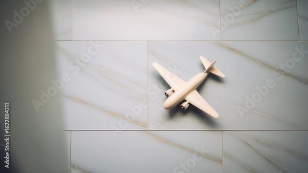 Fototapeta Miniature airplane on light blue tiled surface symbolizing global connection