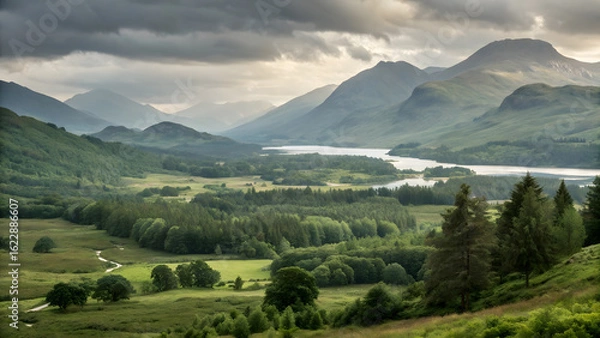 Fototapeta Dramatic scottish highlands landscape with moody clouds over a serene lake and verdant rolling hills