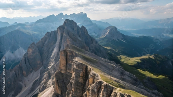 Fototapeta Majestic jagged mountain peaks pierce the sky under a dramatic cloudy sky