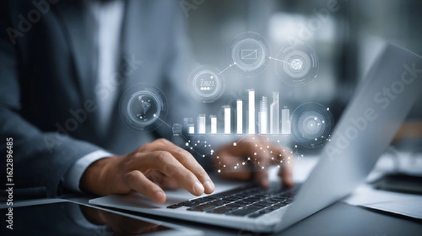 Fototapeta Business Analytics and Data Visualization: A sharp professional in a tailored suit, intently navigates a laptop, as holographic data visualizations float, revealing insights.