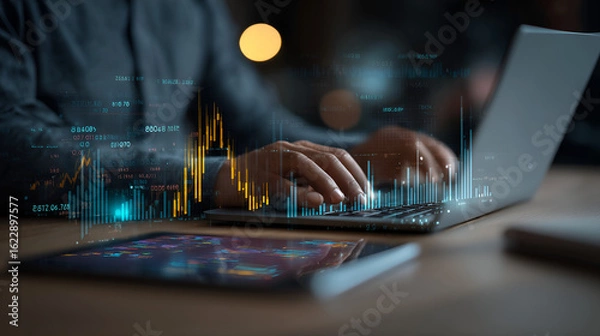 Fototapeta Data Analyst at Work: Close-up of hands typing on a laptop keyboard with holographic financial data overlays, suggesting advanced analysis and market insights.