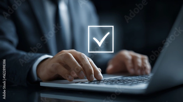 Fototapeta Checkmark of Approval: A focused individual meticulously navigates a laptop keyboard, the digital checkmark signaling completion or approval. A modern, clean image conveys concepts of task management.