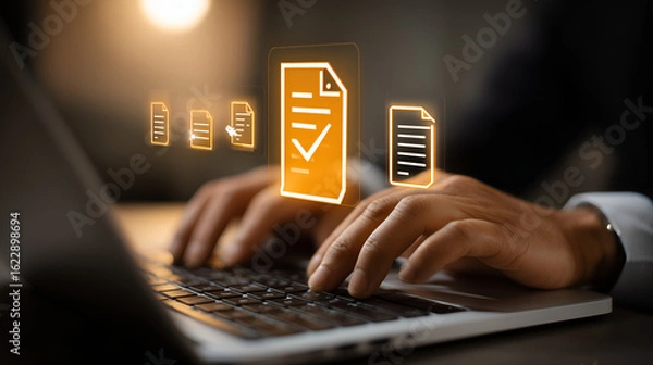 Fototapeta Document review: The digital landscape of modern business, where diligent hands navigate the keys of a laptop, accompanied by holographic documents.
