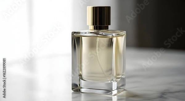Fototapeta Elegant Fragrance: A stunning crystal perfume bottle, showcasing a captivating clear liquid, elegantly captured, promising an experience of sophistication and luxury.