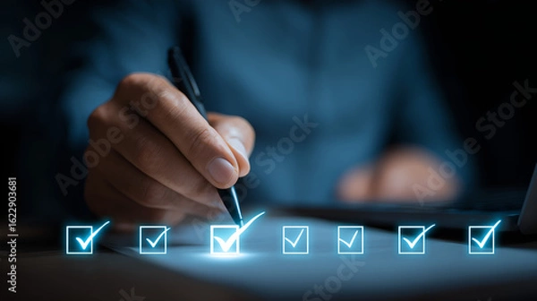 Fototapeta Focus and precision: A person's hand expertly completes a checklist, symbolizing meticulous attention to detail, focused work, and achieving milestones. The scene is awash in a cool, blue ambiance.