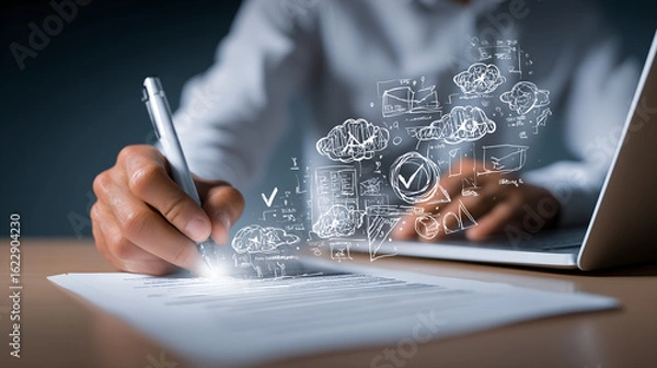 Fototapeta Digital Signature & Agreement: A close-up view captures a professional hand meticulously signing a digital agreement, with holographic icons illustrating the essence of secure transactions, contracts.