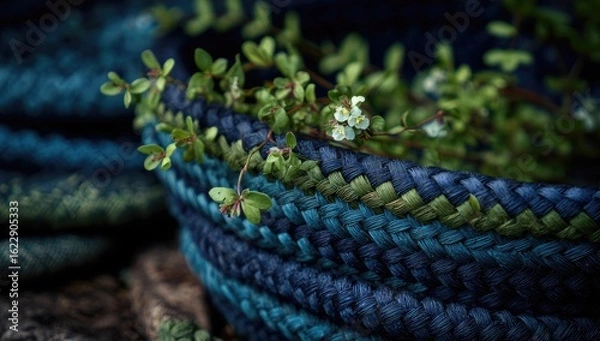 Fototapeta Close-up of woven blue basket with greenery