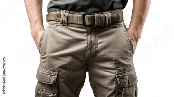 Fototapeta Cargo Pants with Belt: The image showcases a man in cargo pants and a matching belt, suggesting comfort and utility with its multiple pockets, and is captured in a studio shot.