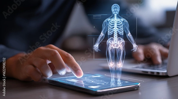 Fototapeta Digital Examination: Futuristic healthcare with a person using technology to assess the digital human skeleton model, signifying an innovative approach to medical assessment.