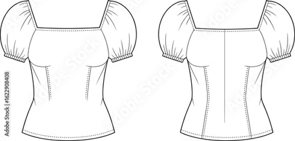 Fototapeta Puff sleeve women's blouse flat sketch, front and back fashion CAD drawing, vector clothing template, technical apparel design illustration