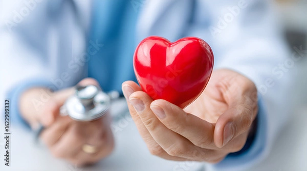 Fototapeta Heart in hand: A close-up shot of a health professional tenderly cradles a vibrant red heart, symbolizing care and compassion in a medical setting. 