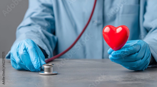 Fototapeta Heart Health Examination: A medical professional examines a model heart with a stethoscope, symbolizing the importance of cardiac health and wellness.
