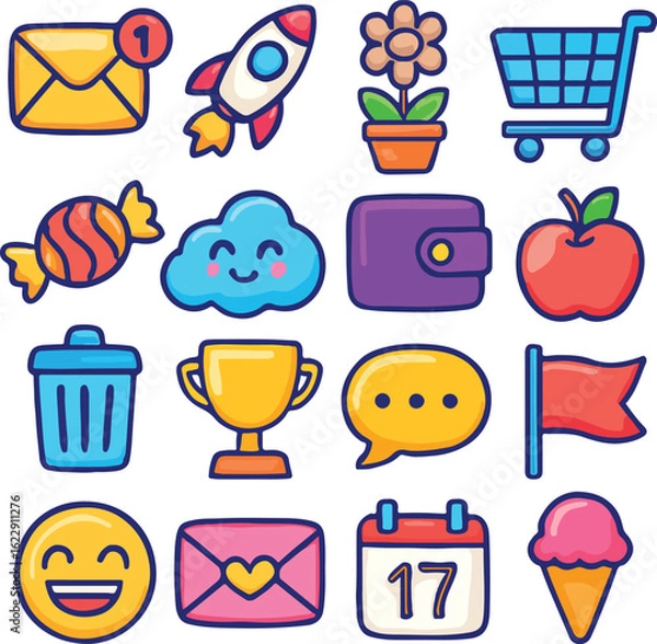 Obraz "Creative Hand-Drawn Icon Set Featuring Smiley, Heart, Star, Rainbow, Light Bulb, Camera, Airplane, Music Note, Best Offer, and More for Digital Design, Marketing, Communication, and Social Media – Co