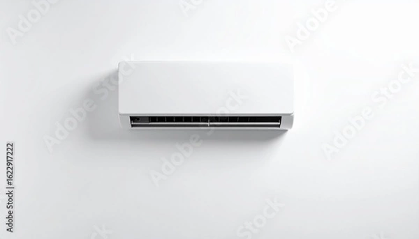 Obraz "Modern white wall-mounted air conditioner on a plain white wall, minimal design with no visible controls, representing smart climate control and home comfort."