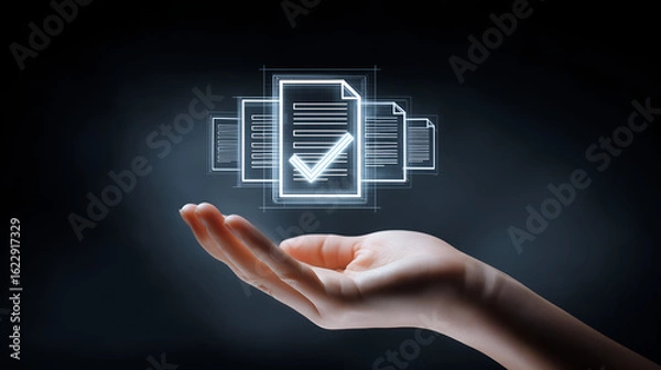 Fototapeta Digital Confirmation: A digital rendition showcases a hand tenderly presenting a glowing document complete with a checkmark signifying validation.