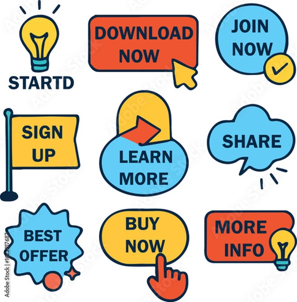 Obraz "Hand-Drawn Call-to-Action Icon Set Featuring Download Now, Buy Now, Learn More, Sign Up, Best Offer, Share, and More for Digital Marketing, Web Design, Social Media, and Ecommerce – Creative Vector I