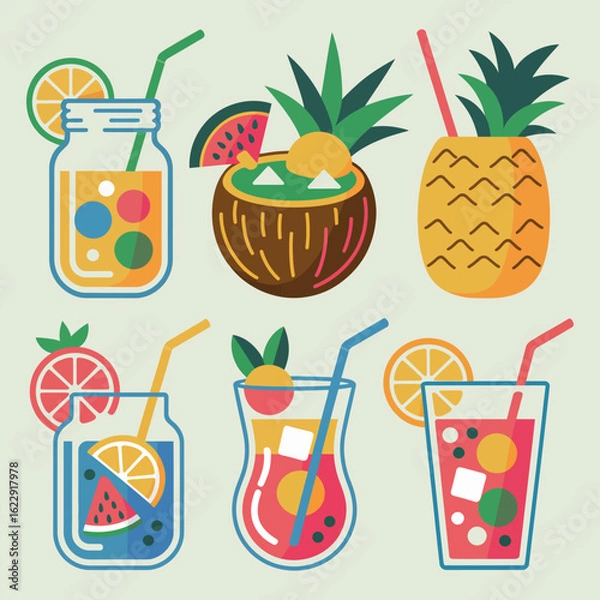 Fototapeta Summer Cocktails: Tropical Drinks, Mason Jars, & Refreshing Beverages, collection of flat-style illustrations featuring a variety of summer cocktails in mason jars and glasses.
