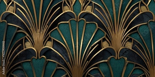 Fototapeta Luxurious art deco pattern with intricate gold detailing on a rich teal background