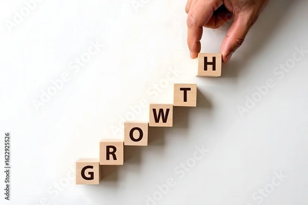 Fototapeta Growth concept with wooden blocks hand placing h business development strategy success plan idea