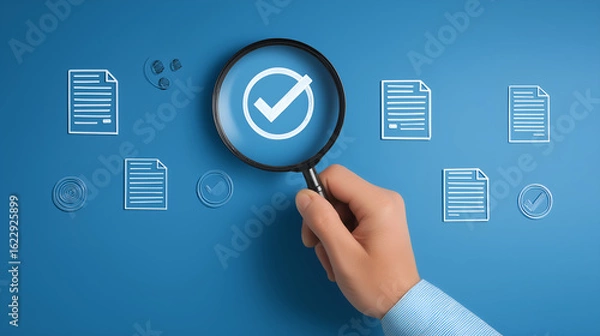 Fototapeta Review and Approval: A magnifying glass hovers over a document, symbolizing meticulous review and approval processes within a sleek, professional business context.
