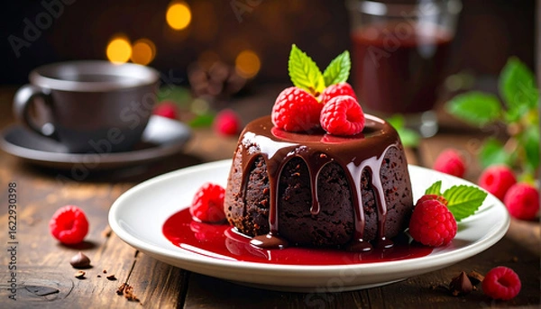Fototapeta A decadent chocolate lava cake is drizzled with chocolate and raspberry sauce, garnished with fresh raspberries and mint, served with coffee and juice.