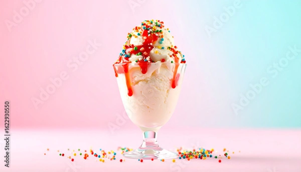 Fototapeta A glass sundae filled with vanilla ice cream, drizzled with red syrup, and topped with colorful sprinkles, against a pink and blue gradient background.