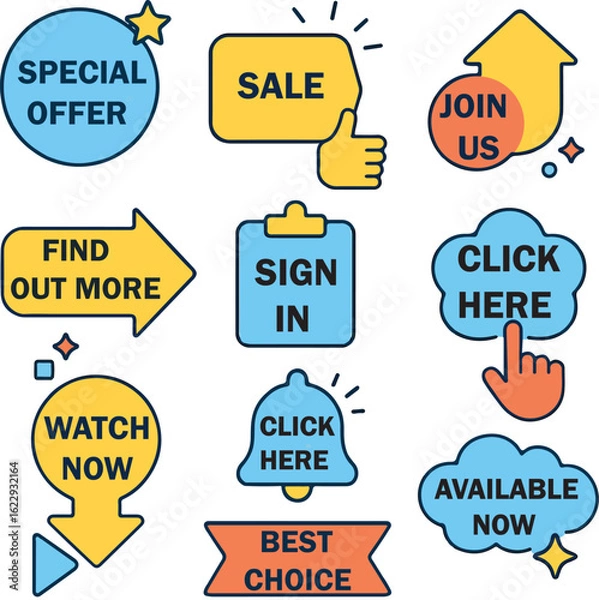 Obraz "Hand-Drawn Call-to-Action Icon Set Featuring Special Offer, Sale, Click Here, Join Us, Watch Now, Sign In, and More for Digital Marketing, Web Design, Ecommerce, and Social Media – Creative Vector Ic