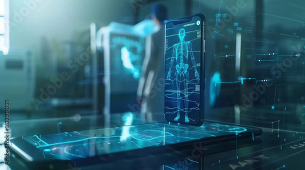 Fototapeta AI in medical health care technology. Medicine, healthcare and artificial intelligence app in phone. Doctor diagnosis, science research or hospital surgeon tech in the future. Patient scan innovation